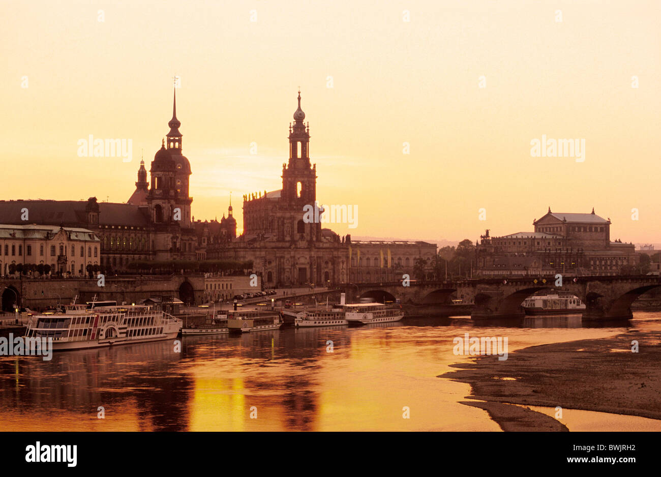Europe, Germany, Saxony, Dresden, Skyline of Dresden with Bruehlsche terrace, Residenzschloss, Staendehaus, Haussman Tower and C Stock Photo