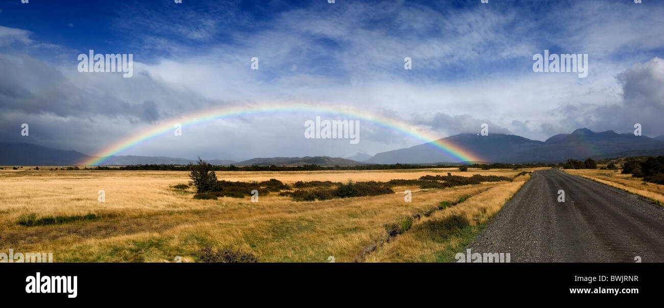 rainbows street steppe scenery width broadness Parque Nacional national park Torres del Paine Pehoe Patagoni Stock Photo