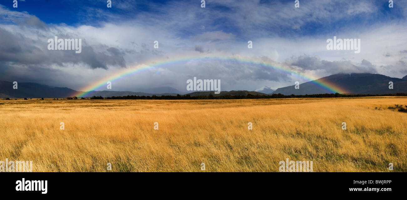 rainbows steppe scenery width broadness Parque Nacional national park Torres del Paine Pehoe Patagonia Chile Stock Photo