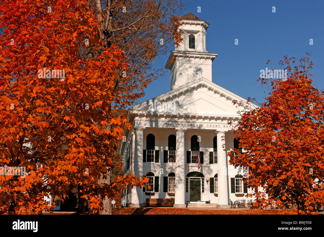 Windham county Court House building construction courthouse white autumn Town Square Newfane Indian summer Ve Stock Photo