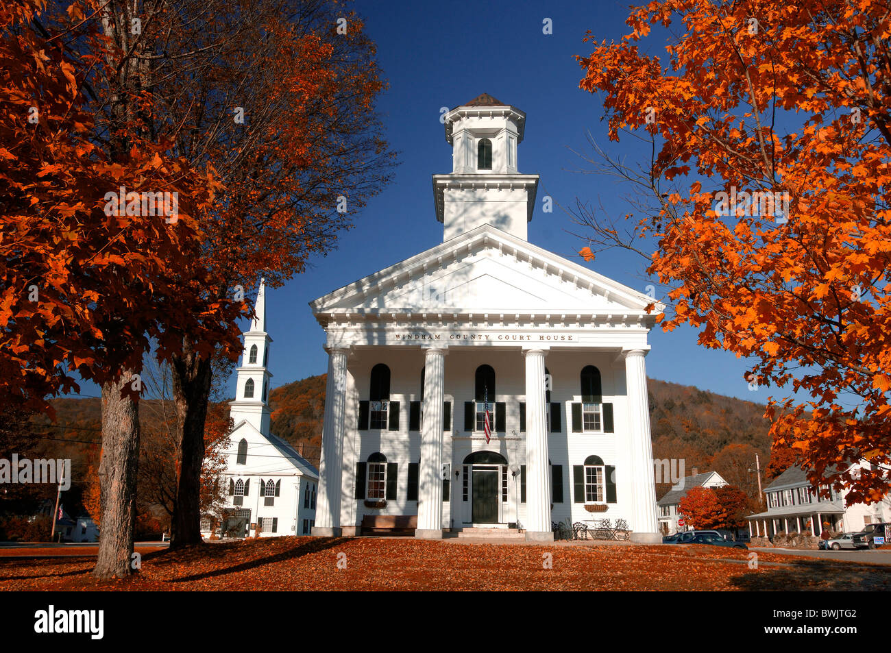 Windham county Court House building construction courthouse church white autumn Town Square Newfane Indian su Stock Photo