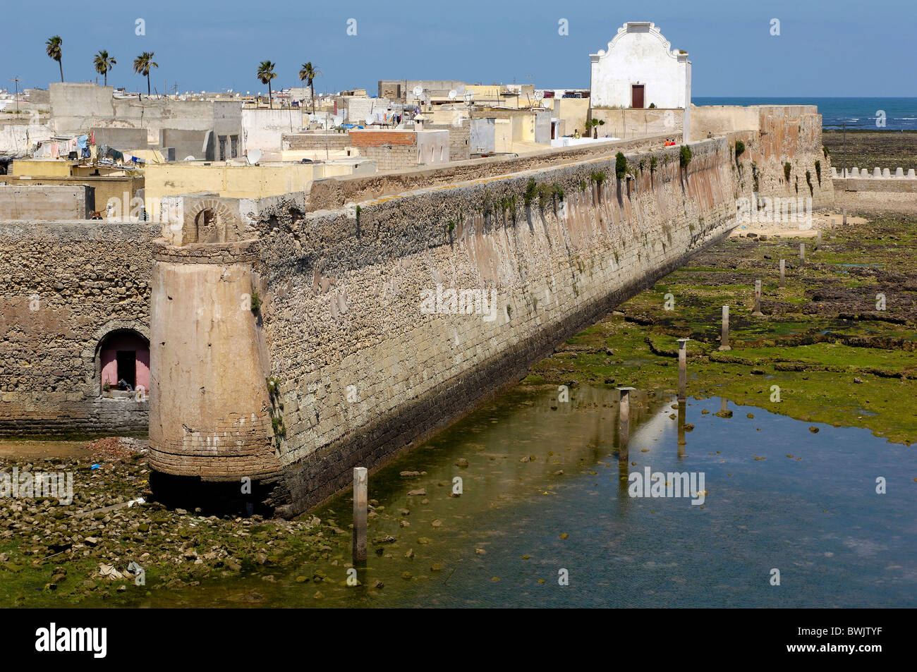 fortress town wall Cite Portugaise Old Town coast sea El Jadida Morocco Africa North Africa Stock Photo