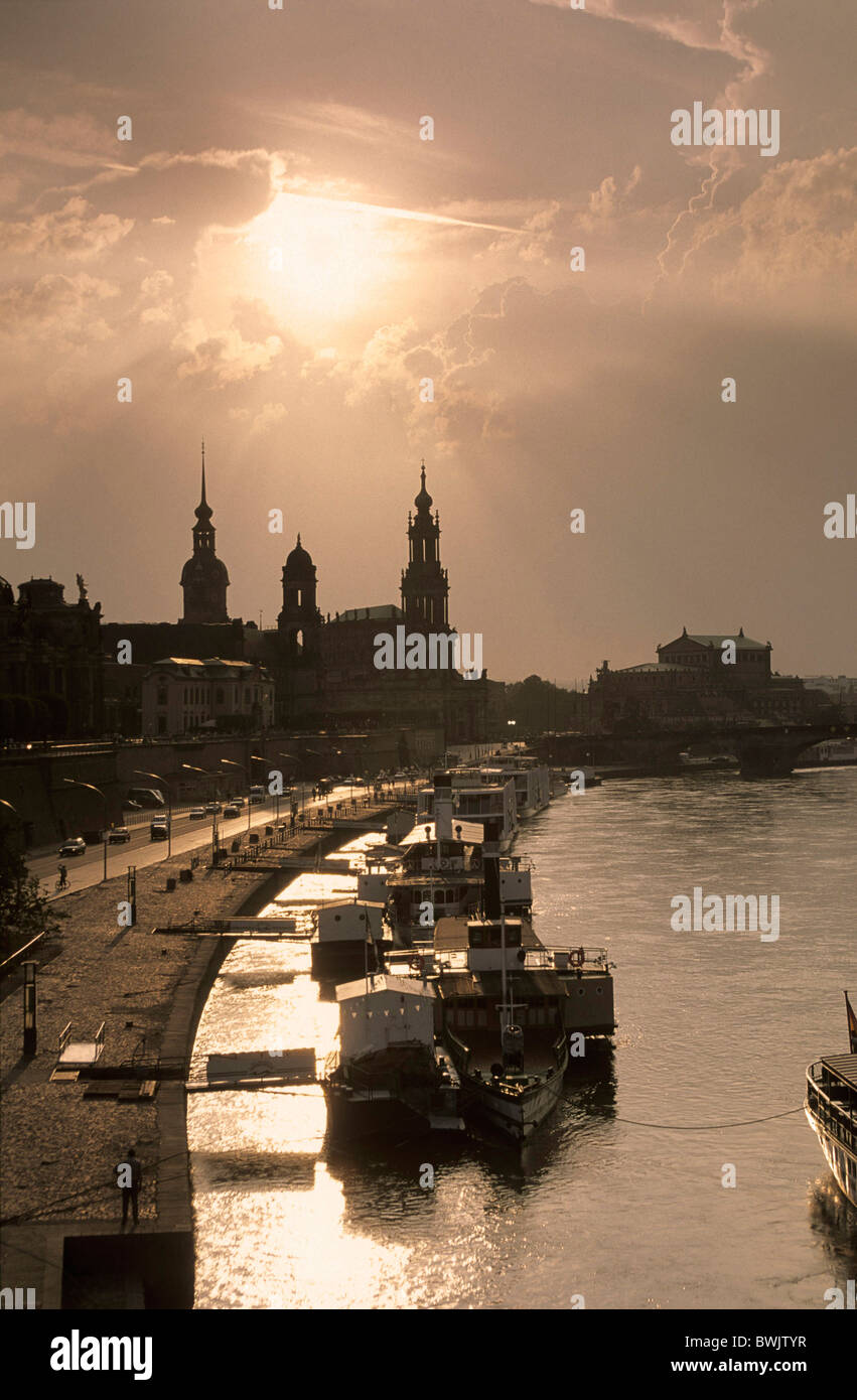 Europe, Germany, Saxony, Dresden, Skyline of Dresden with Bruehlsche terrace, Residenzschloss, Staendehaus, Haussman Tower and C Stock Photo