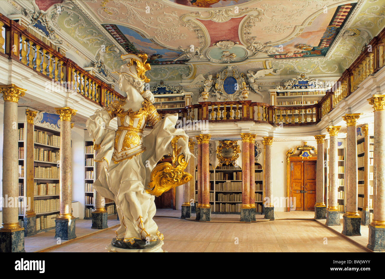 Europe, Germany, Bavaria, Ottobeuren, Ottobeuren Abbey Library Stock Photo