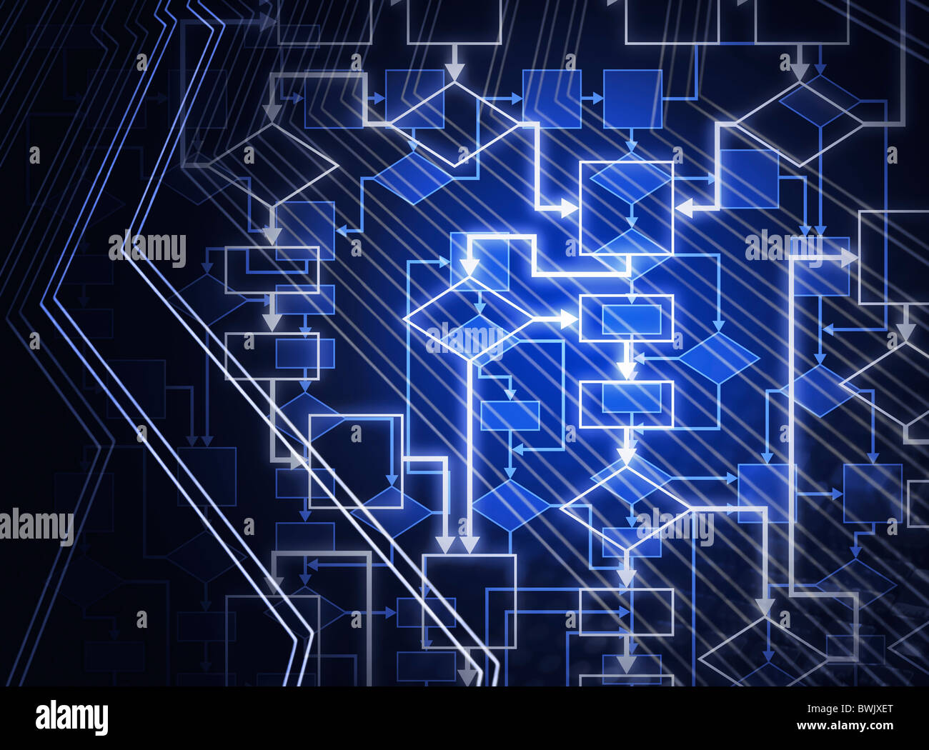Digital flowchart abstract blue background. Computer software algorithm conceptual illustration. Stock Photo