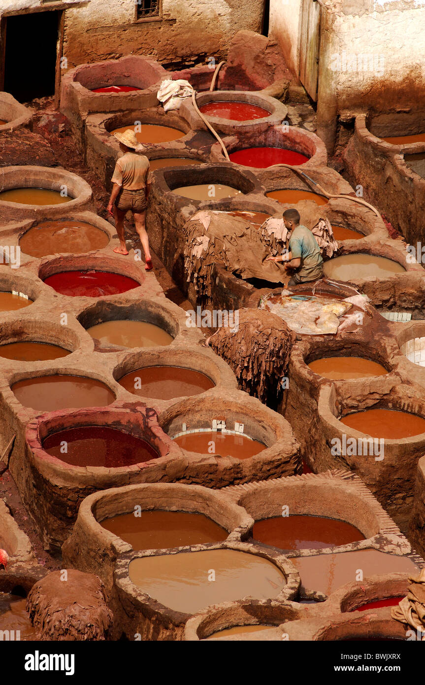 tanning tanner leather animal skins workers containers craft fir ream fez el Bali Medina Old Town fez Morocco North Africa Stock Photo