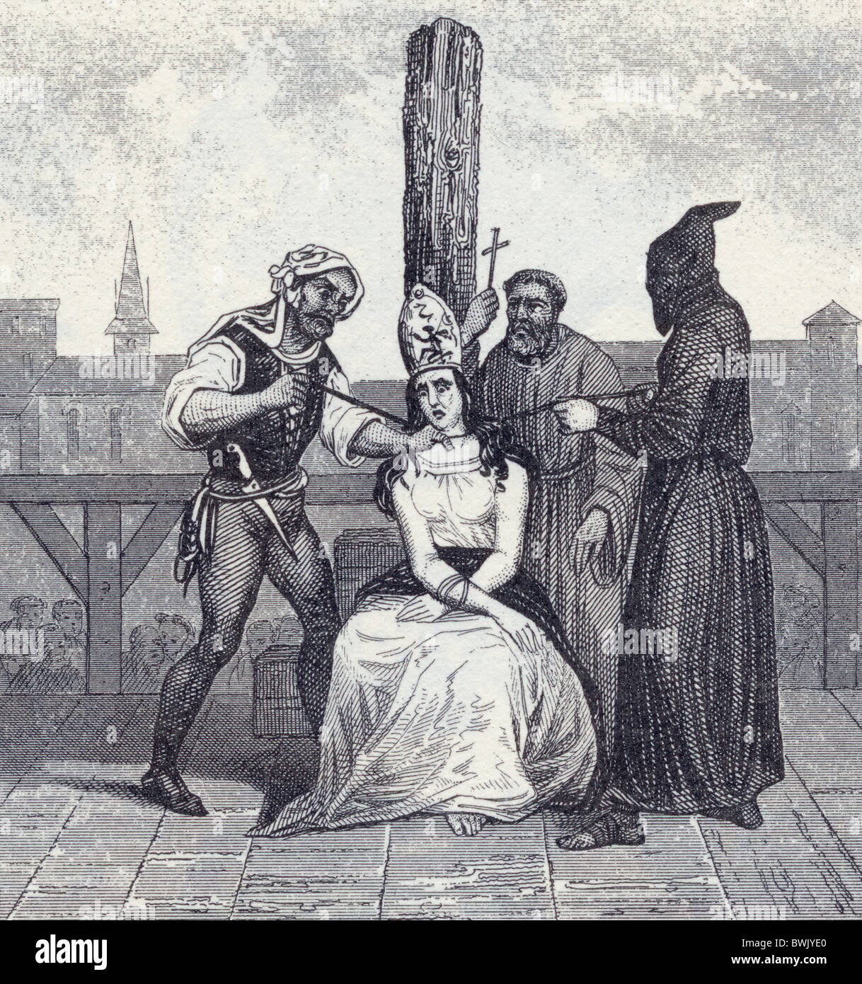 A heretic is garroted during the Spanish Inquisition. Stock Photo