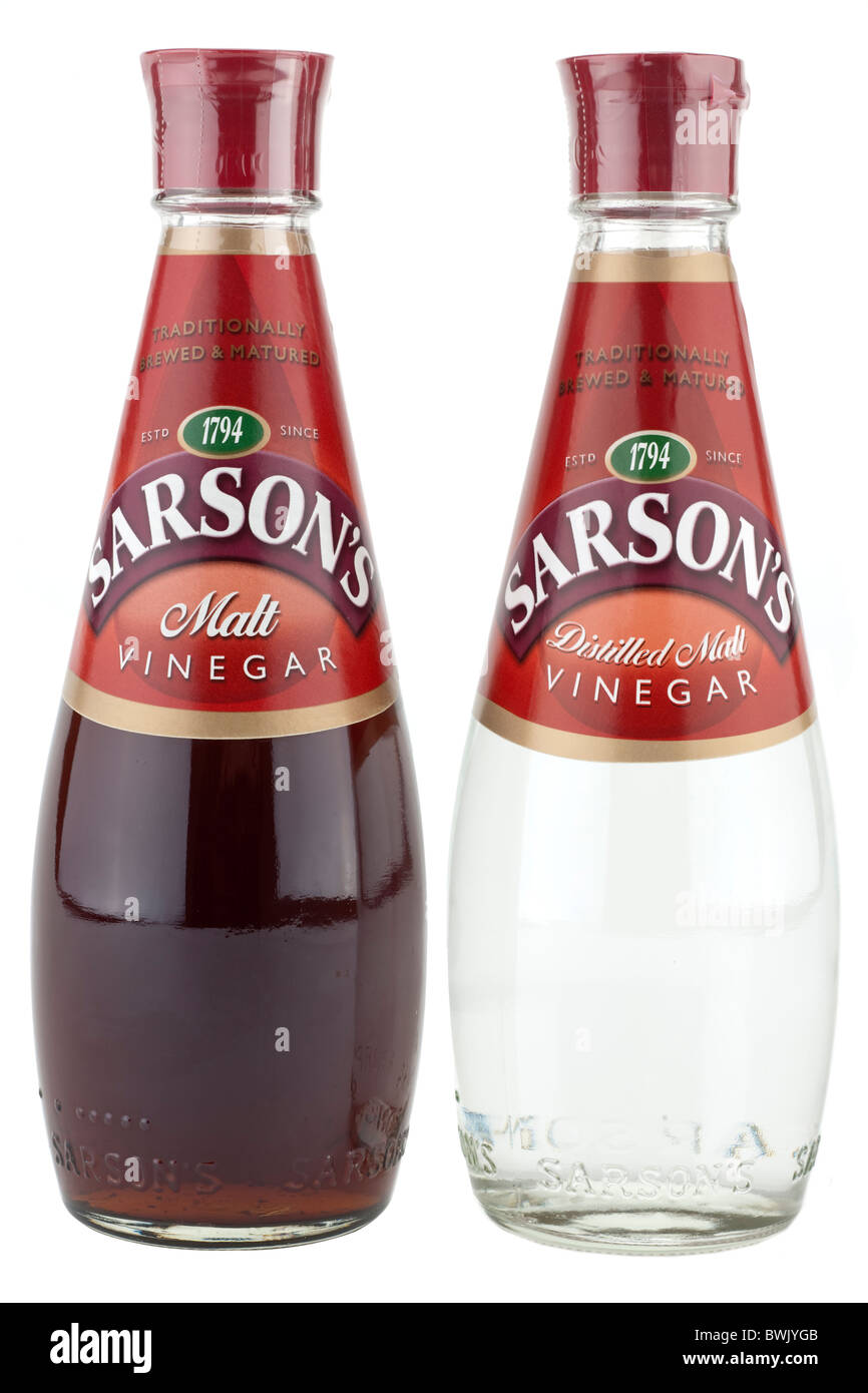 Two bottles of Sarson's vinegar malt and distilled malt Stock Photo