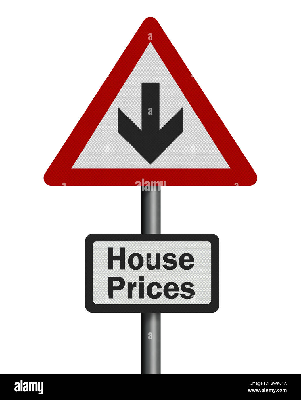 Photo realistic reflective metallic 'falling house prices' sign, isolated on a pure white background. Stock Photo