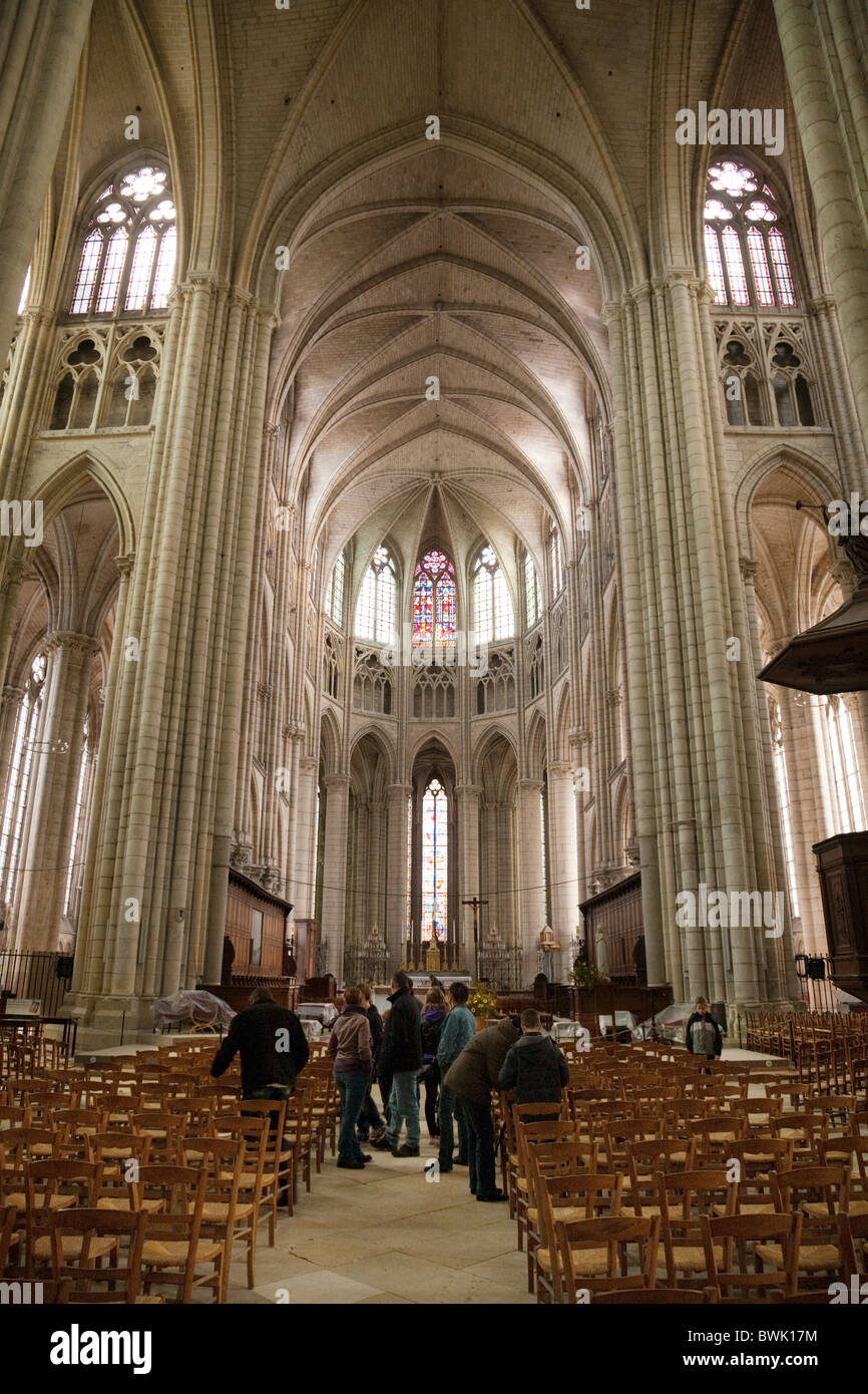 People in Saint Etienne Roman Catholic cathedral in Meaux, Seine et