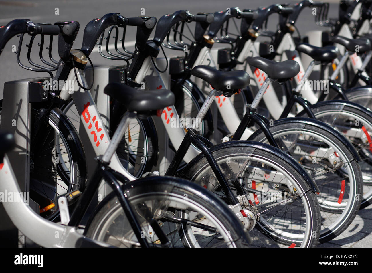 A Bixi bicycle automated rental or hire stand in Montreal in Quebec Province, Canada Stock Photo