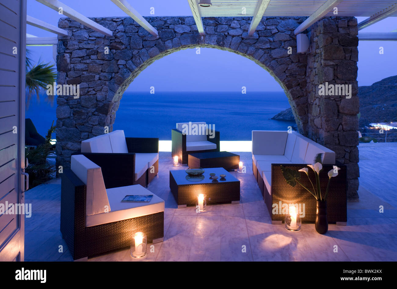 Terrace with lounge furniture, Mykonos, Cyclades, Geece Stock Photo