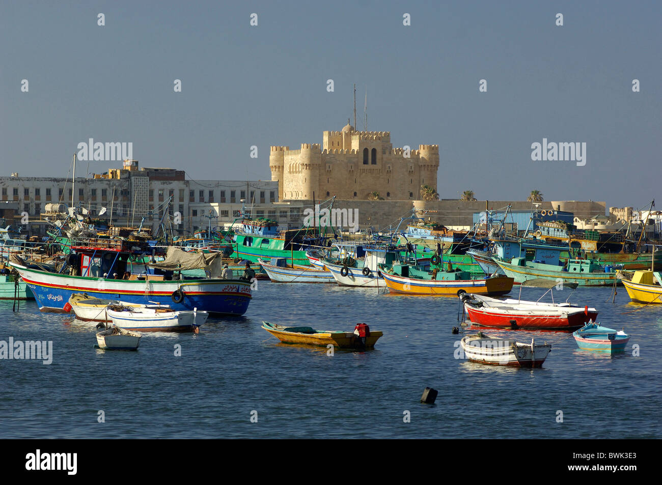 stronghold fort Qaitbey harbour port boats sea coast Alexandria Egypt North Africa Stock Photo
