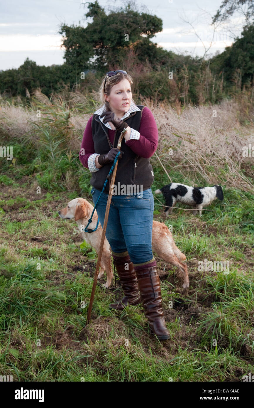 A teenage girl, young woman age 16 years , and her pet dogs walking outdoors, Cambridgeshire UK Stock Photo
