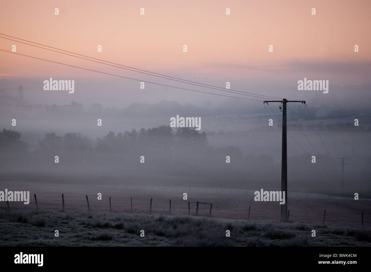 A telegraph pole in a field on a misty morning at sunrise, St Simeon village, Ile de France, France Stock Photo