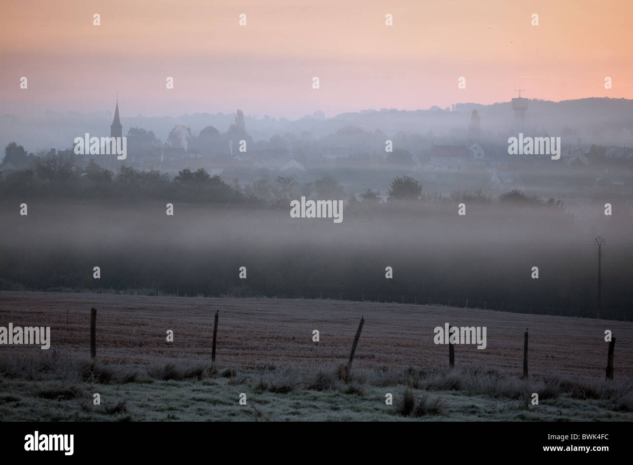 A misty dawn in the  French village of St Simeon, Ile de France France Stock Photo