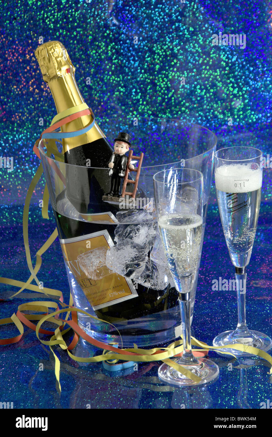 champagne sparkling wine champagne bottle Chilled ice glasses streamers
