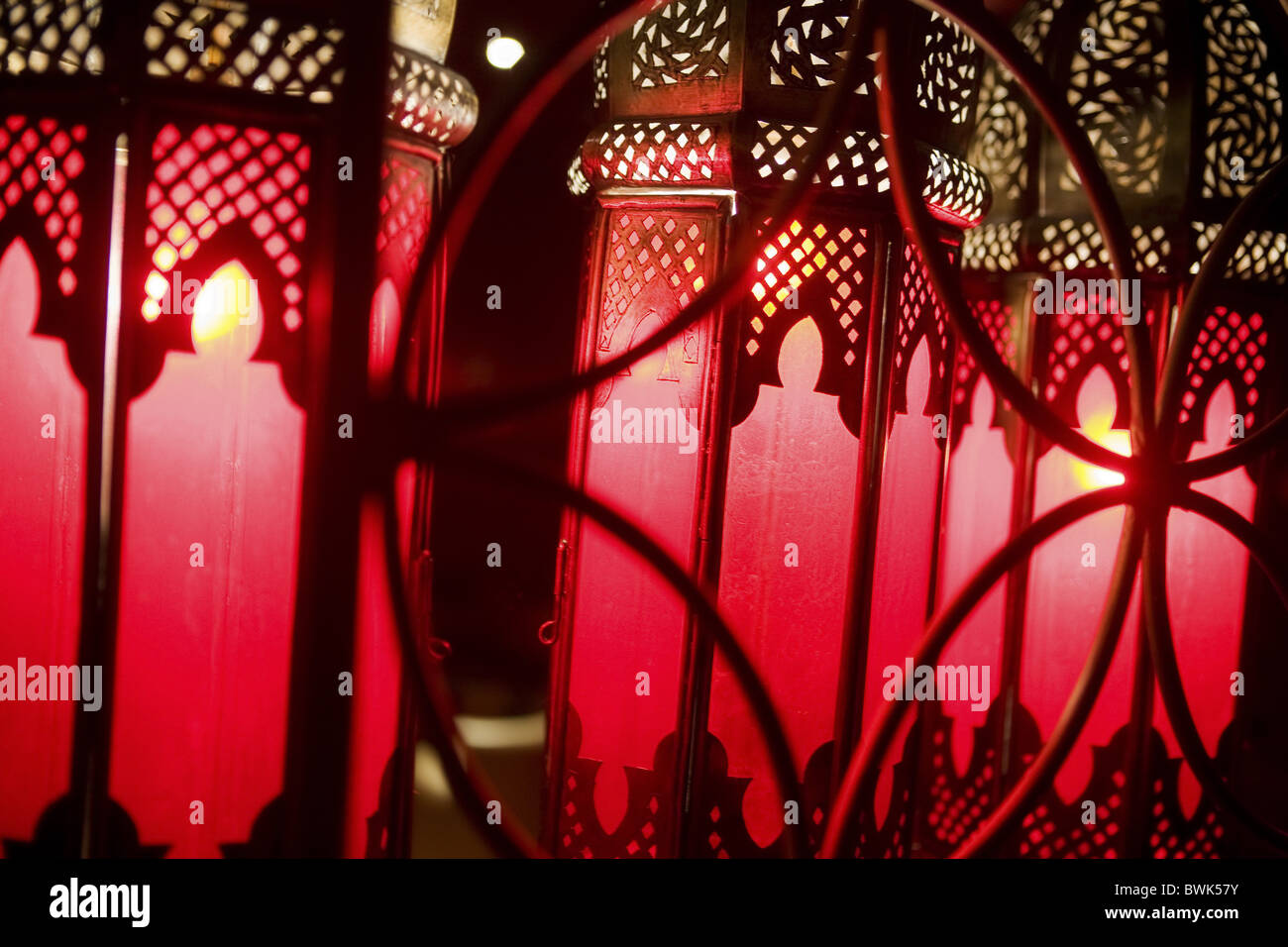 Moroccan lamps at Café Arabe restaurant, Marrakech, Morocco, Africa Stock Photo