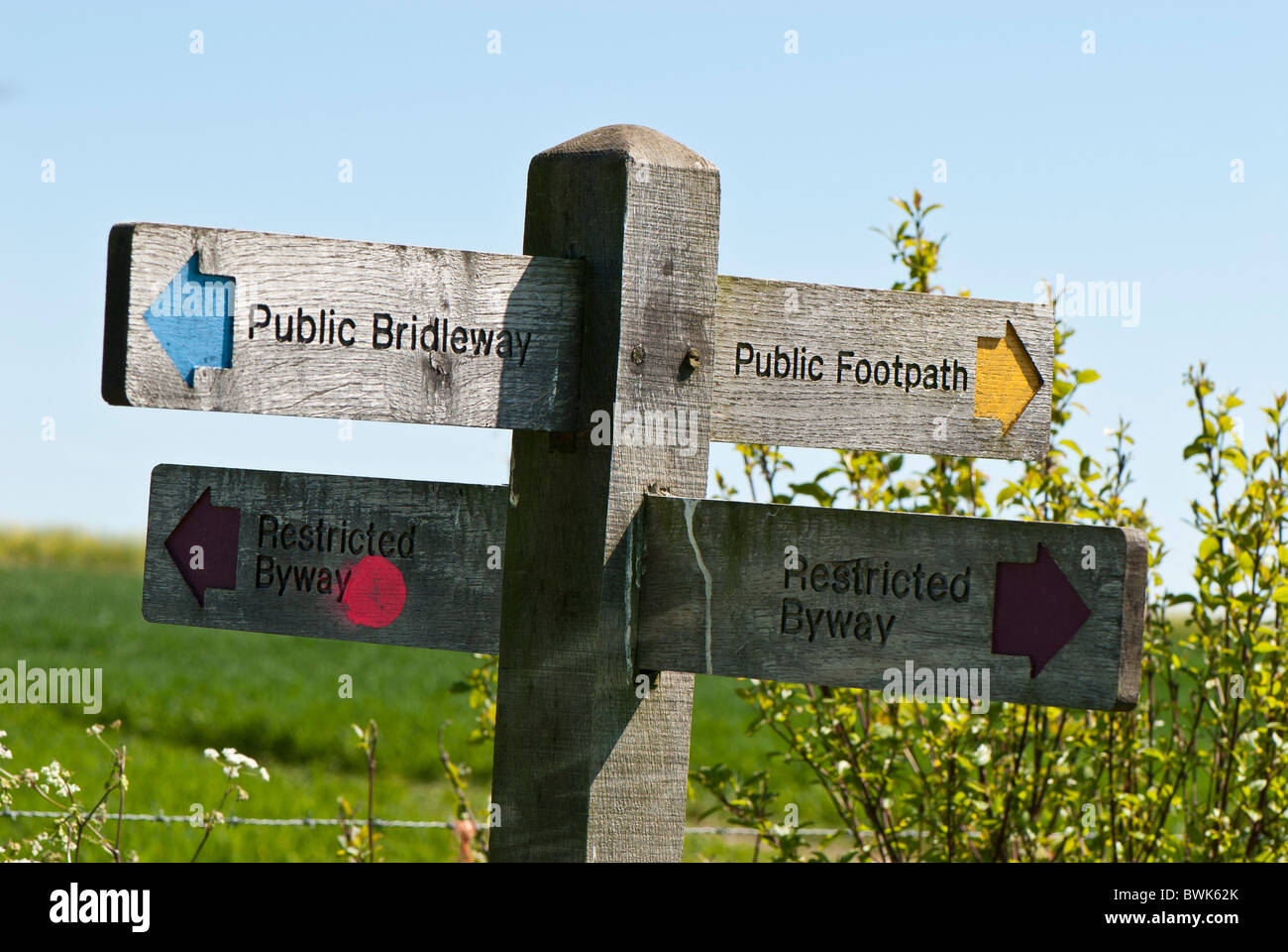 Wooden sign post public bridleway, Public Footpath Restricted Byway Burpham Sussex Stock Photo