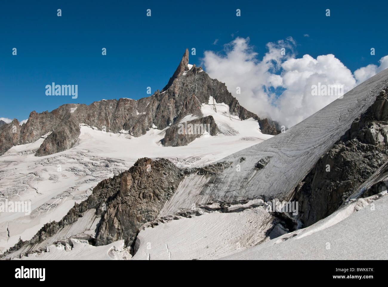 Dent du Géant on Rochefort Ridge massif du Mont Blanc from Helbronner, French Italian border. Stock Photo