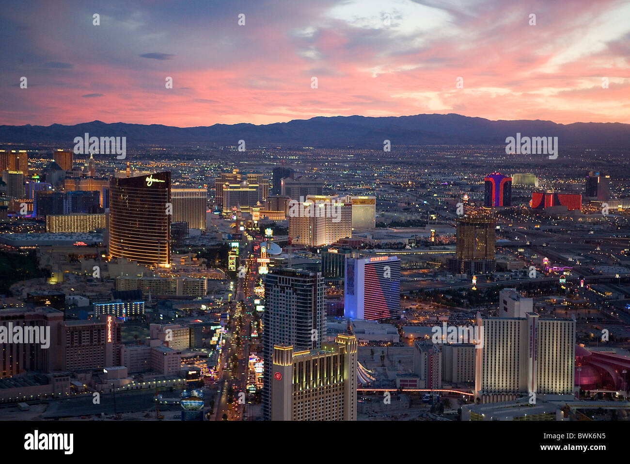 USA America United States North America Nevada Las Vegas overview town city mood dusk twilight blocks of f Stock Photo