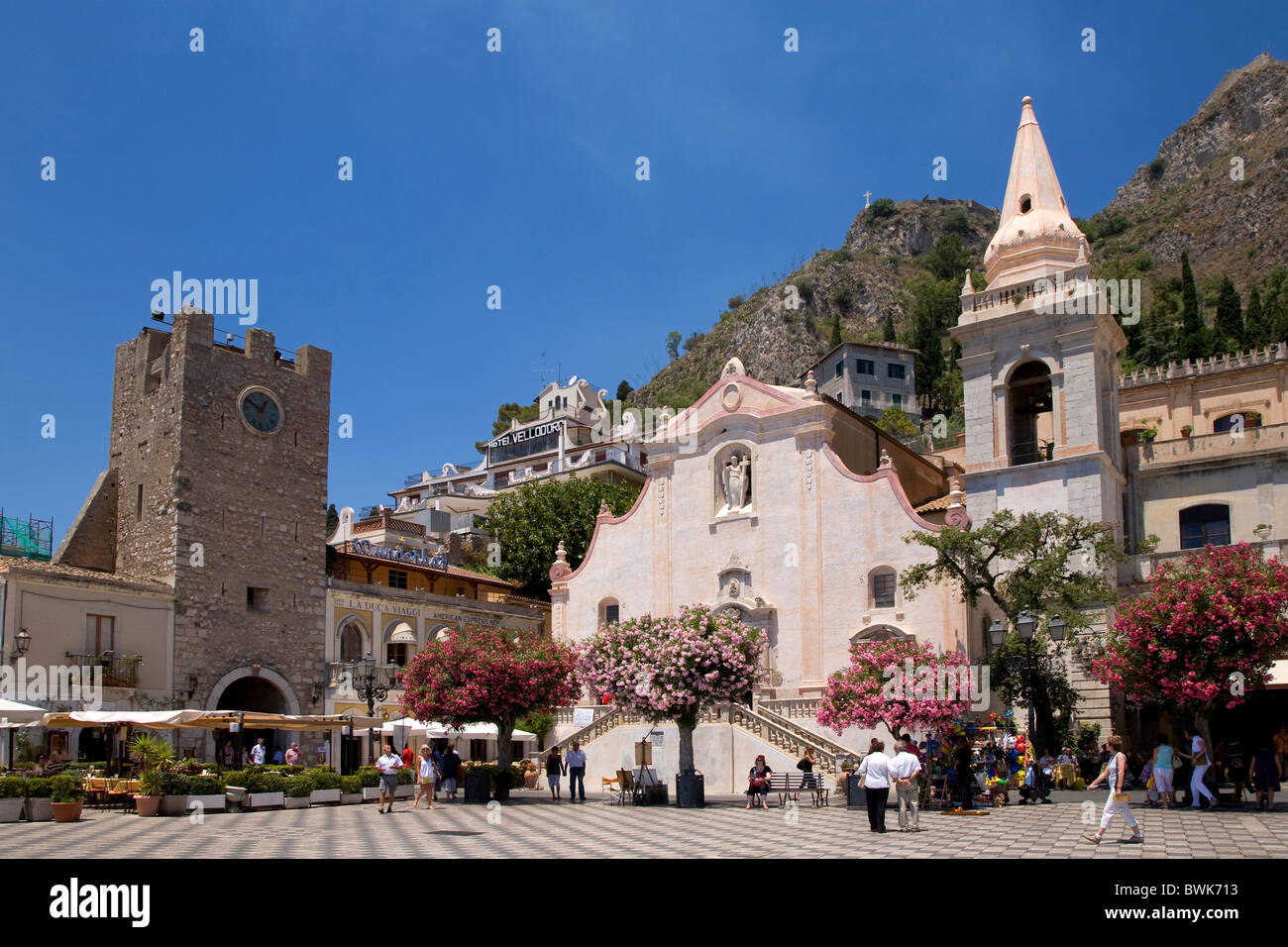 Main street, Corso Umberto, Cathedral and City Gate, Taormina, province of Messina, Sicily, Italy, Europe Stock Photo