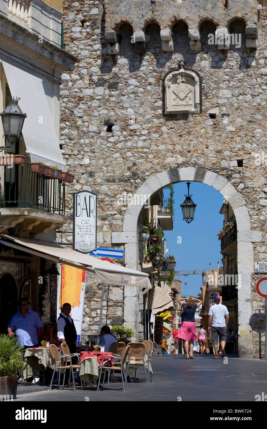 Main street, Corso Umberto, City Gate, Taormina, province of Messina, Sicily, Italy, Europe Stock Photo