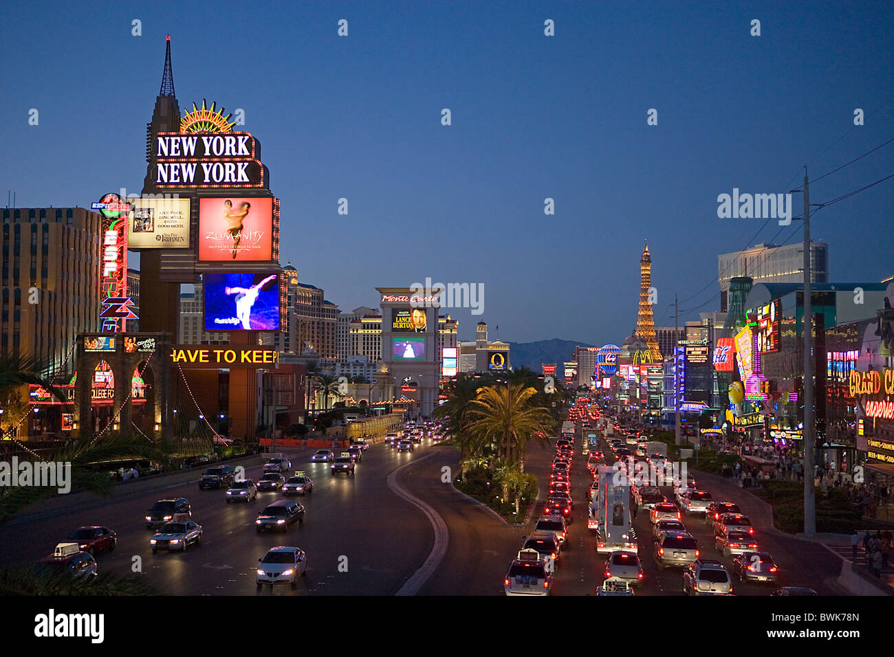 USA America United States North America Nevada Las Vegas town city Strip street casinos neon lights transp Stock Photo