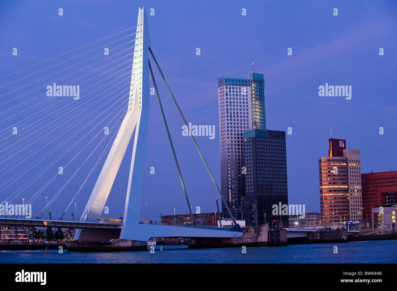 Erasmusbrug bridge and Kop van Zuid district on the Maas River, Rotterdam, South Holland, Holland, Netherlands, Europe Stock Photo