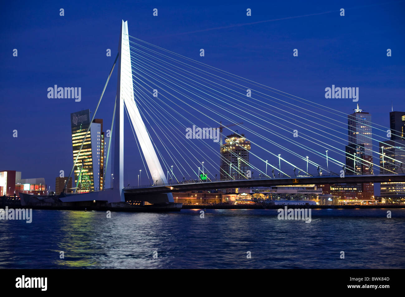 Erasmusbrug bridge and Kop van Zuid district on the Maas River, Rotterdam, South Holland, Holland, Netherlands, Europe Stock Photo