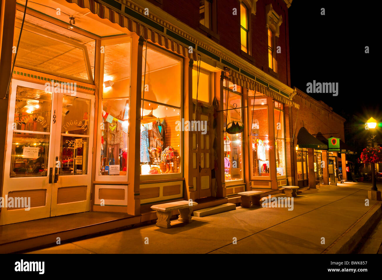 Historic downtown buildings at night, Telluride, Colorado Stock Photo