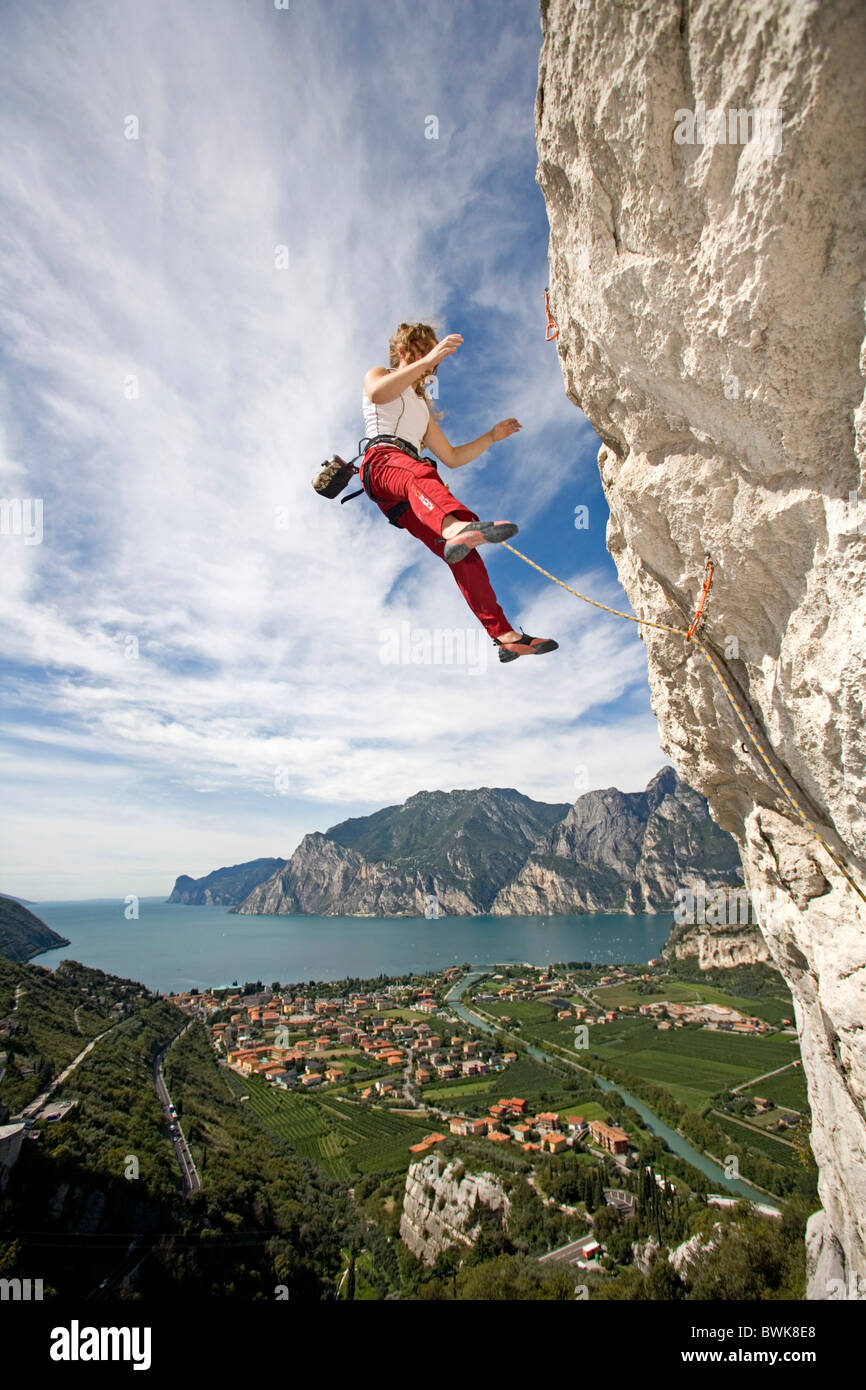woman falling fall protection roping rope cliff wall rock climbing free