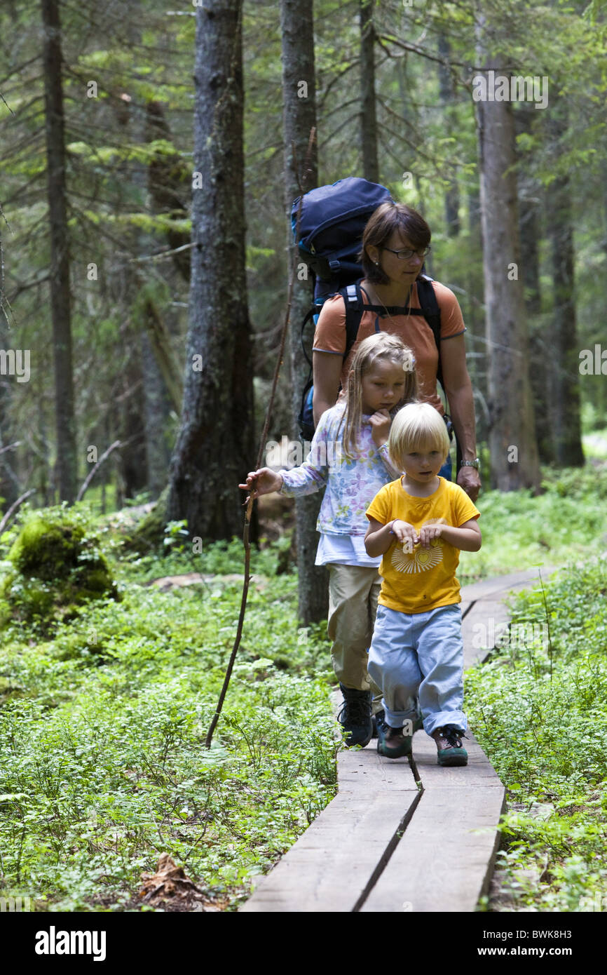 A woman and two girls hiking at the national park Skuleskogen, Hoega Kusten, Vaesternorrland, Sweden, Europe Stock Photo