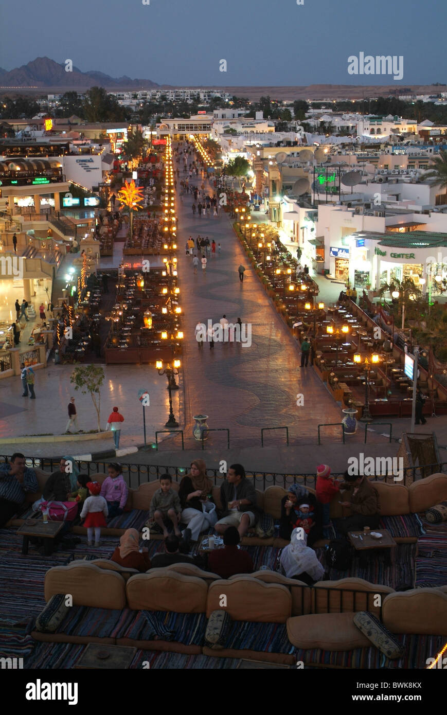 Egypt North Africa charm El sheikh Sharm El-Sheikh Naama bay overview at night night Stock Photo