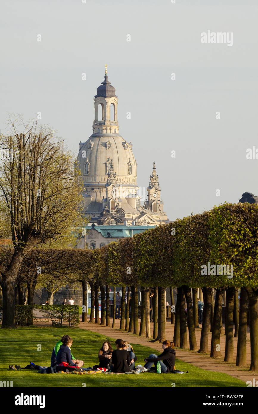 View from the park of the Japanisches Palais towards the Frauenkirche, Church of our Lady, Dresden, Saxony, Germany Stock Photo