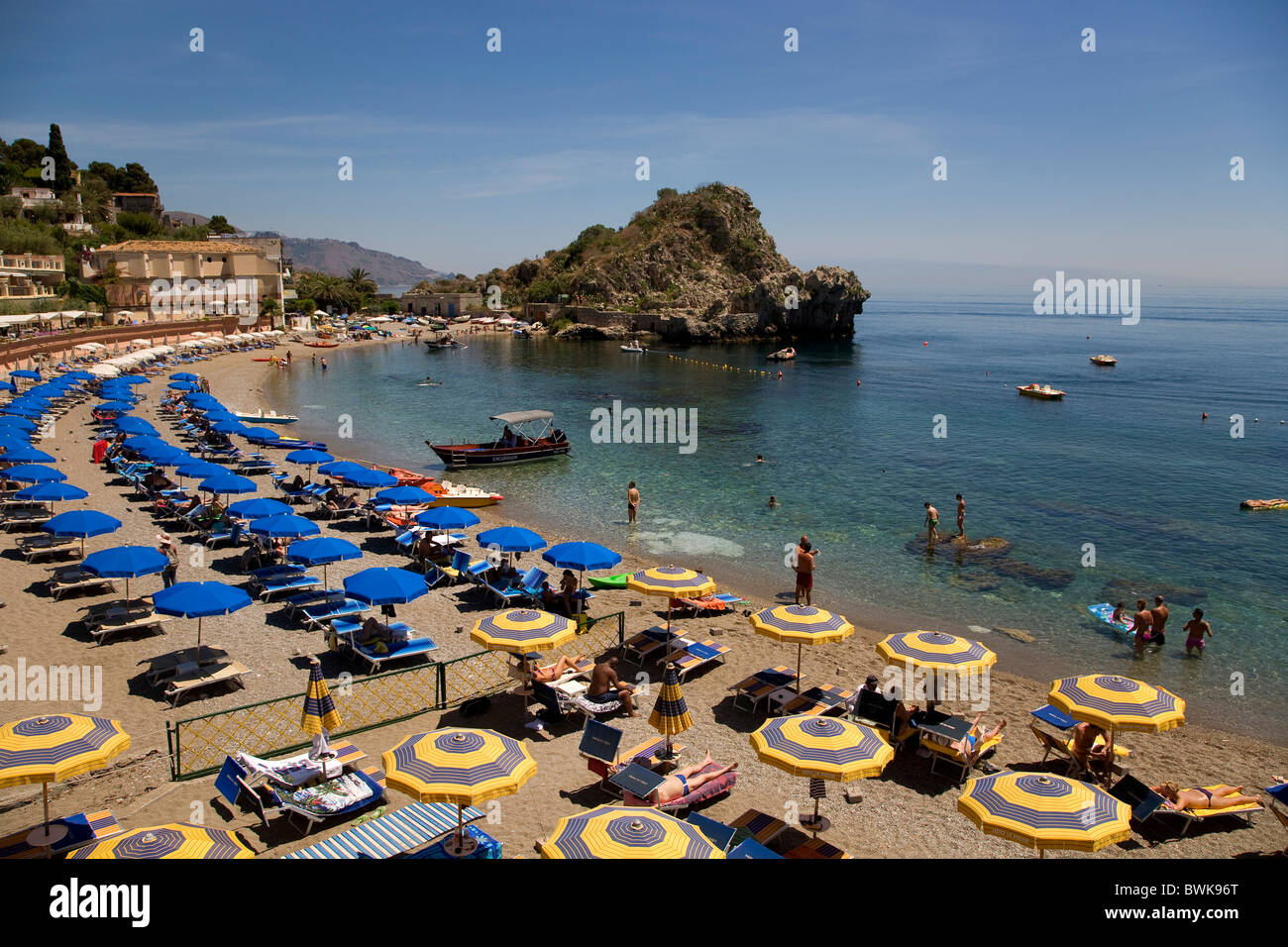 Beach, Mazzaro bathing bay, Taormina, Messina province, Sicily, Italy, Europe Stock Photo