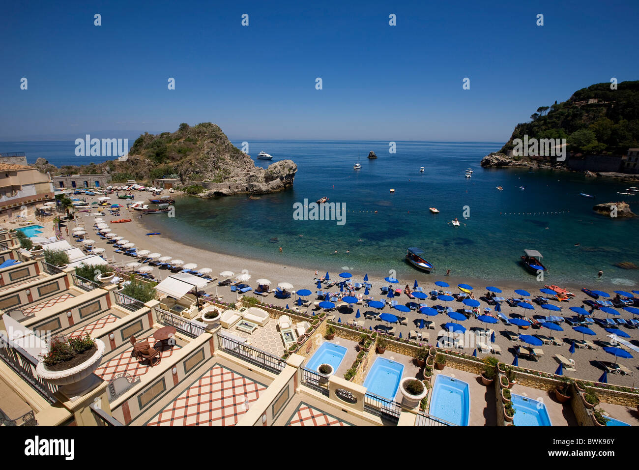 View from the Hotel Mazzaro Sea Palace on Mazzaro bay, Taormina, Messina province, Sicily, Italy, Europe Stock Photo