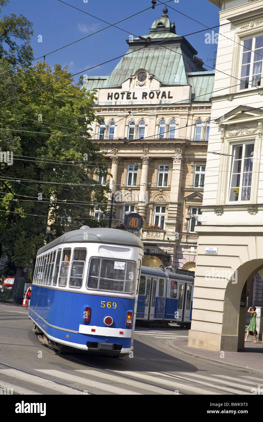 Tram in front of Hotel Royal on Stradomska Street, Krakow, Poland, Europe Stock Photo