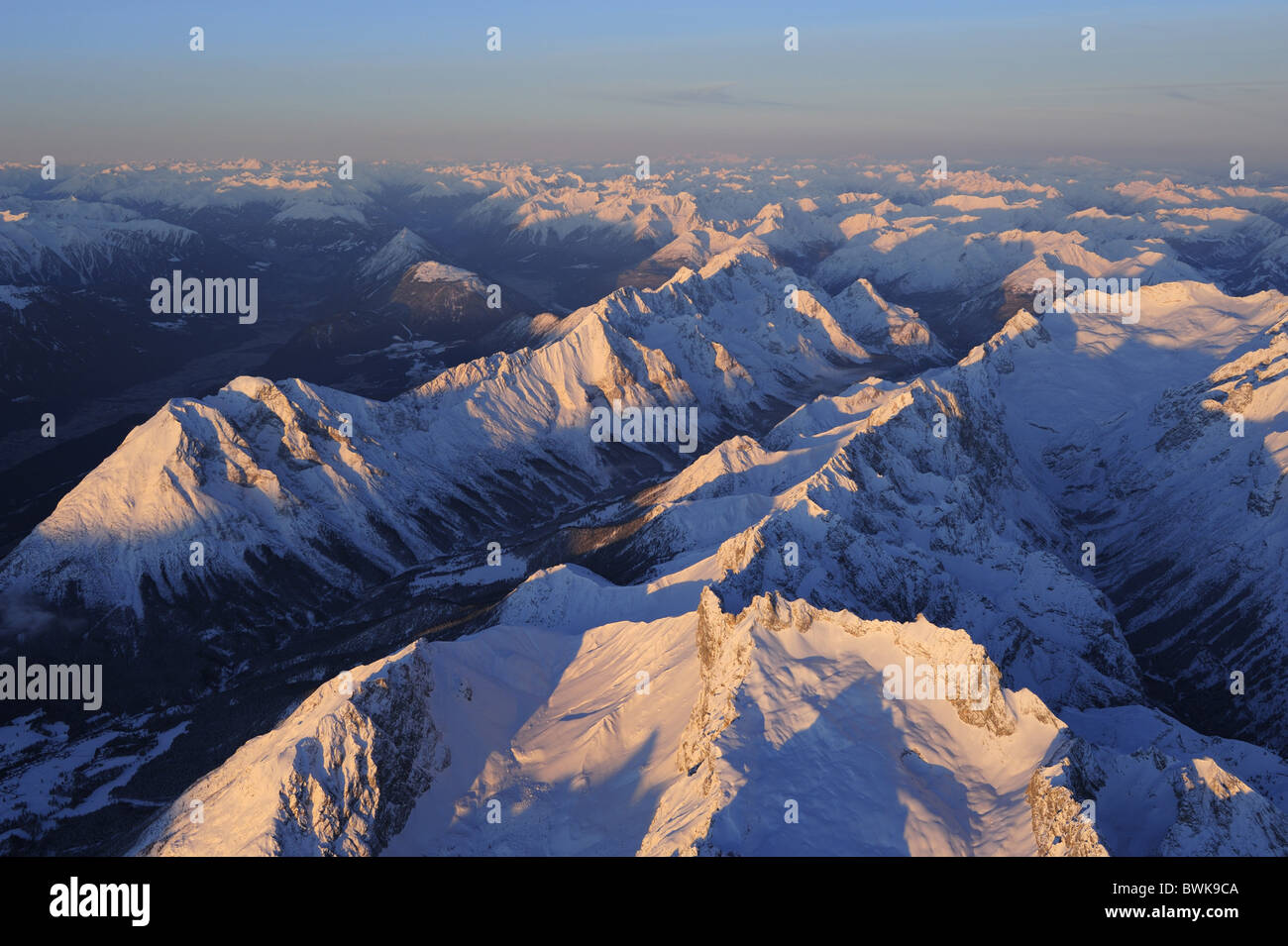 Mieming range and Wetterstein range with Inntal, Gaistal and Reintal, Stubai range and Lechtal range in background, aerial photo Stock Photo