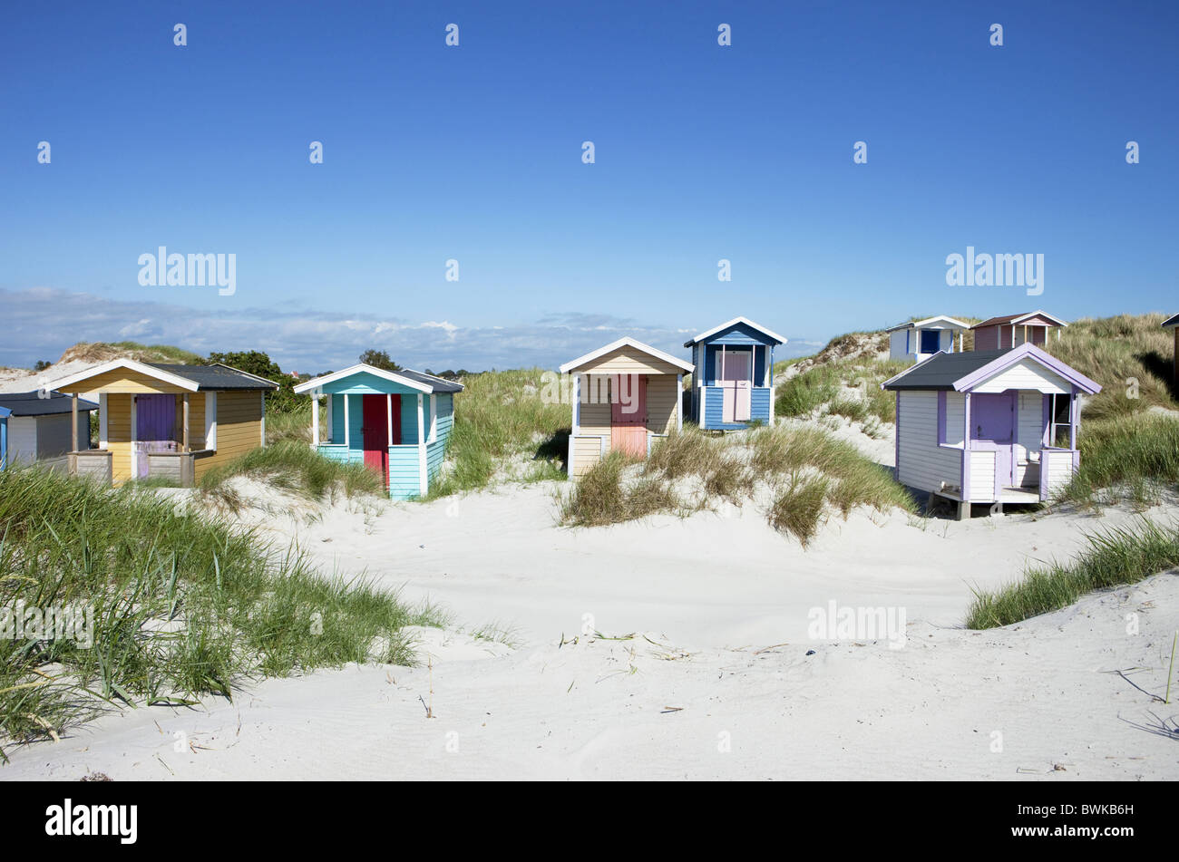 little beach huts at Skanoer beach, Skanoer, Skane, South Sweden, Sweden Stock Photo