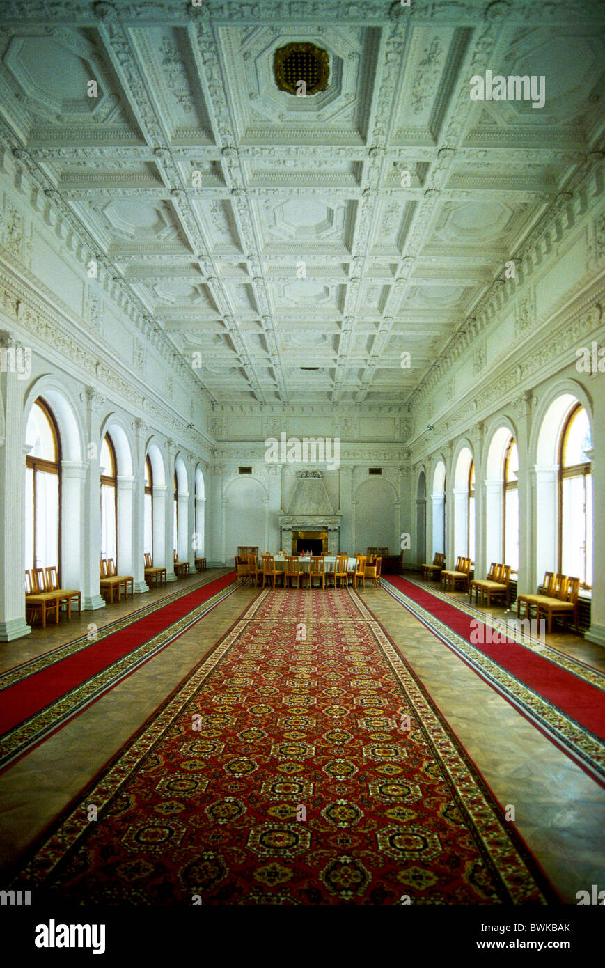 Ukraine Crimea Yalta Jalta Liwadija palace inside hall carpets wall hangings architecture conference blank Stock Photo