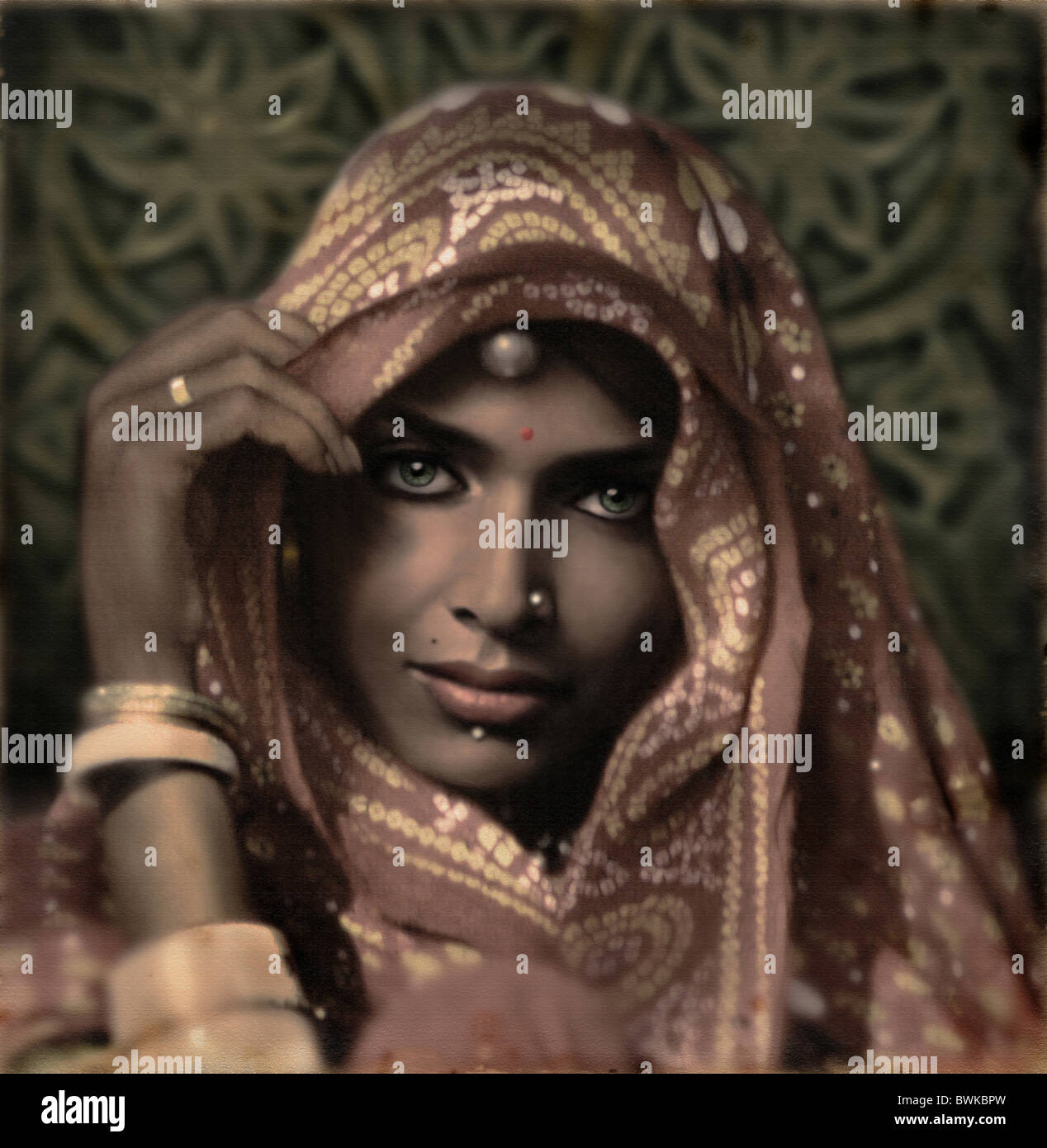 Beautiful young woman in a veil at a royal court in Rajasthan, India, Asia Stock Photo