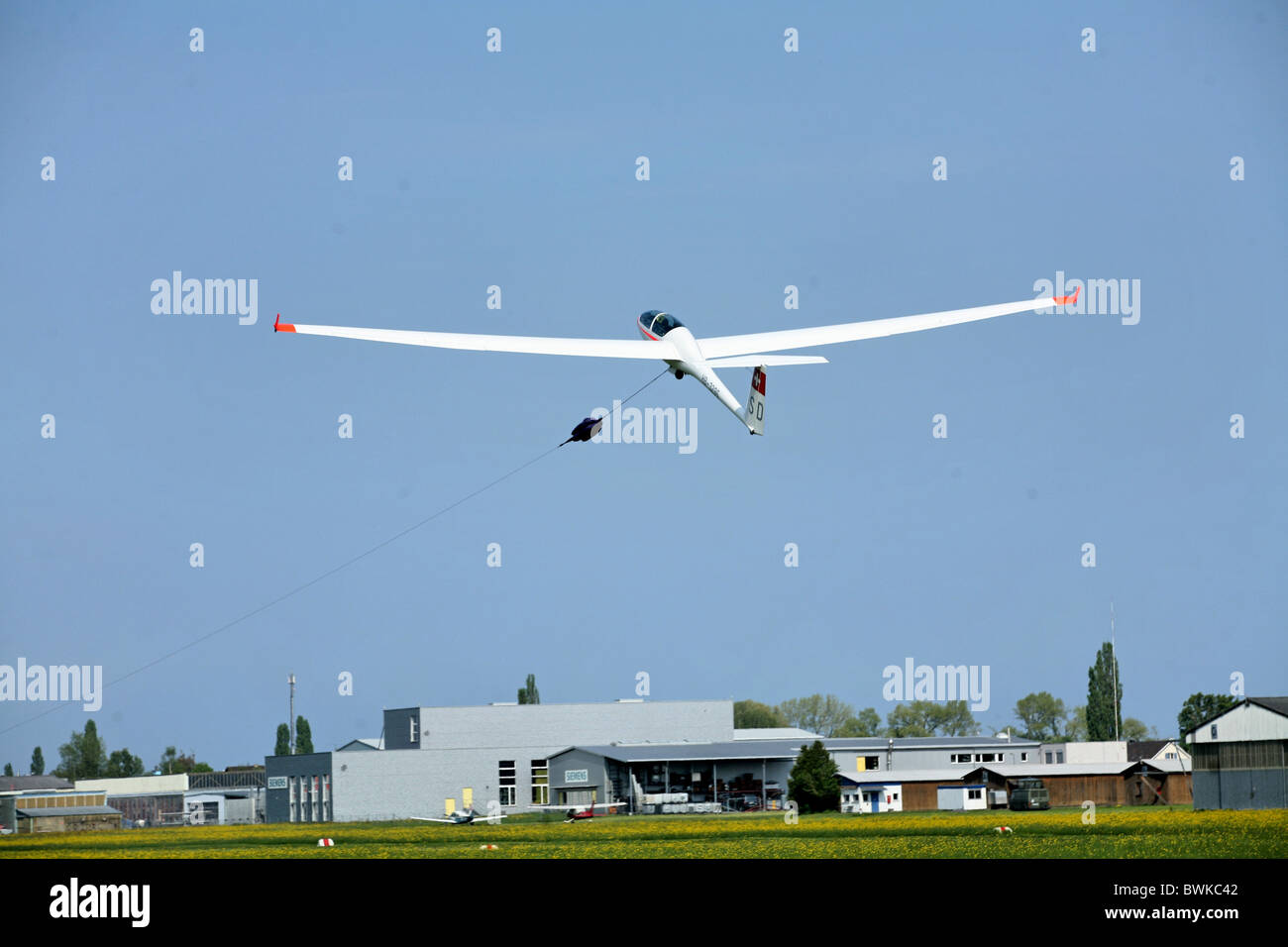 flight gliding flying airfield Altenrhein start air sail plane sailplane glider airplane Switzerland Europ Stock Photo