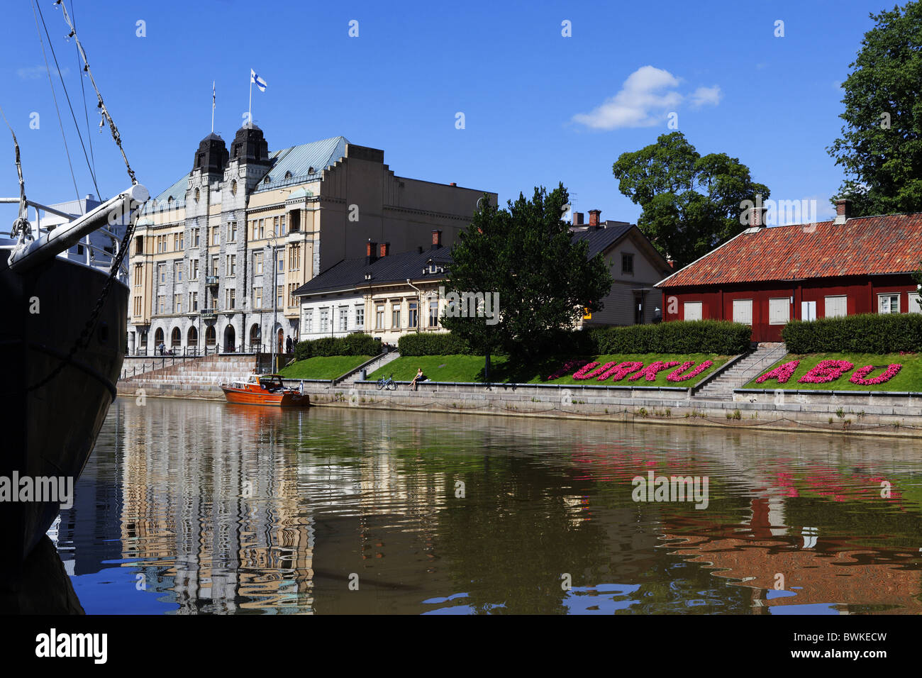 Aurajoki river with reflection of buildings, Turku, Finland Stock Photo