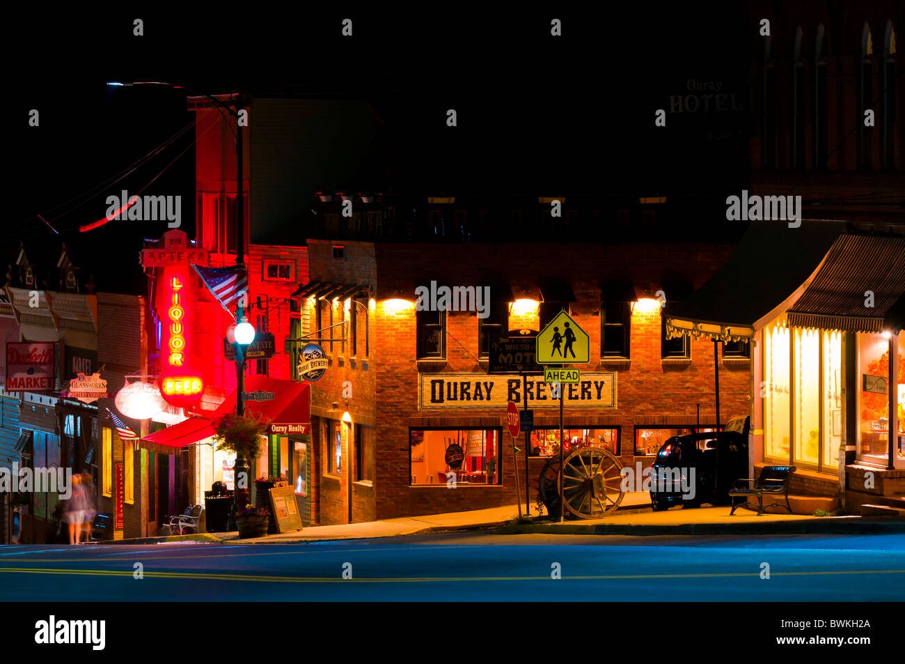 Downtown shops at night, Ouray, Colorado Stock Photo Alamy