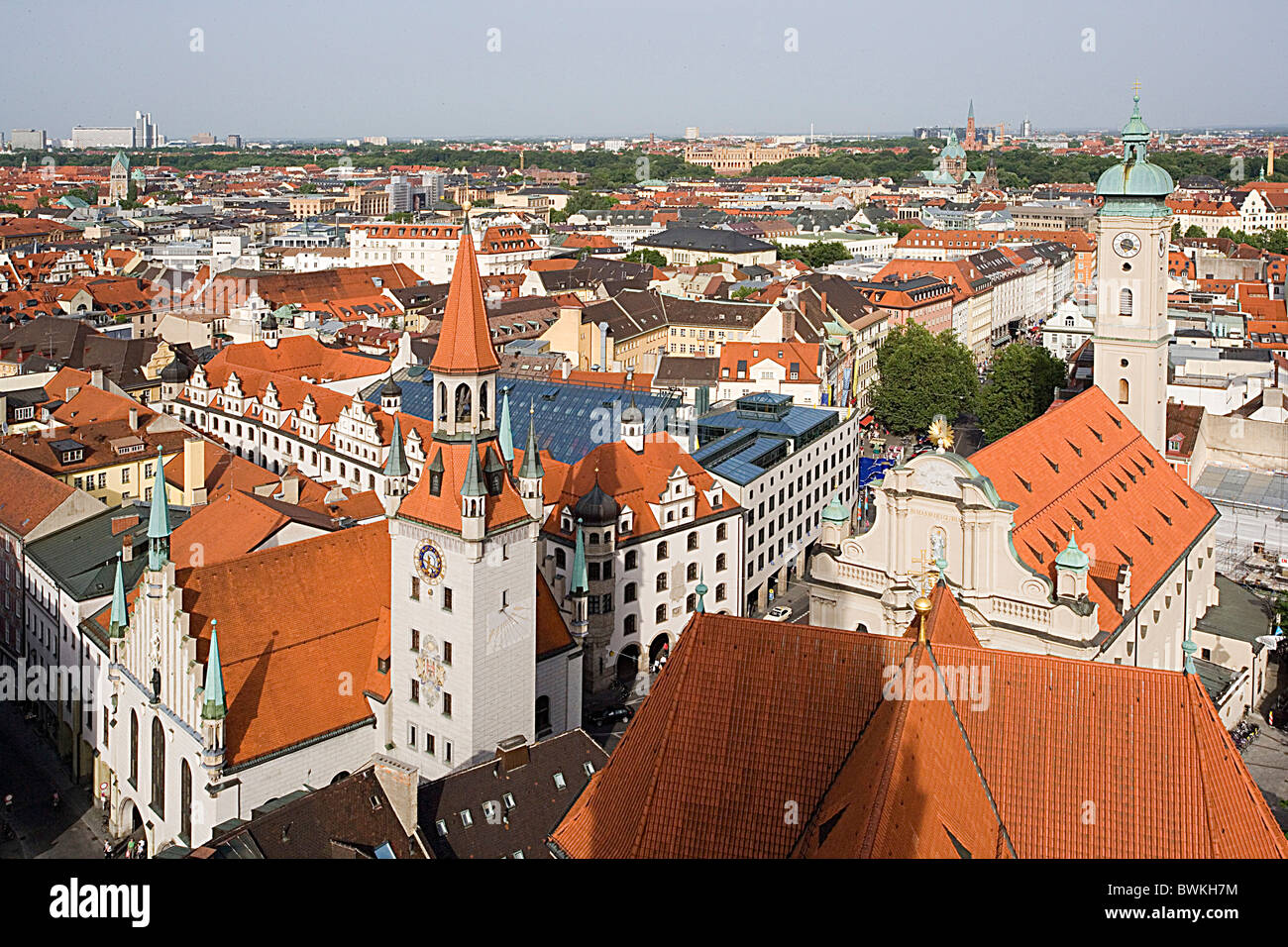 Germany Europe Bavaria Munich Old Town Marienplatz overview old city hall Church of the Holy Spirit town city Stock Photo