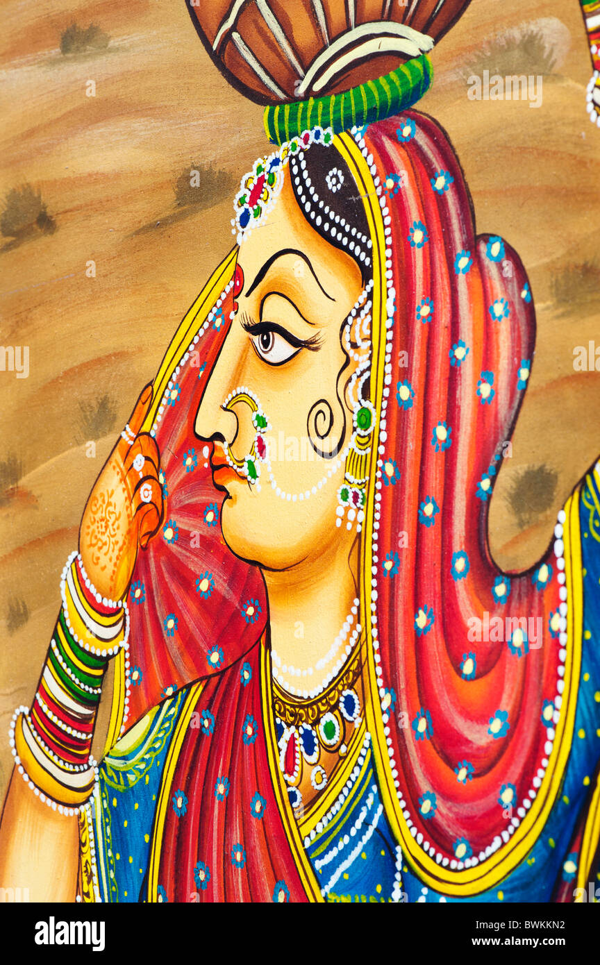 Traditional Indian painting of an Indian woman Gopi carrying a pot ...