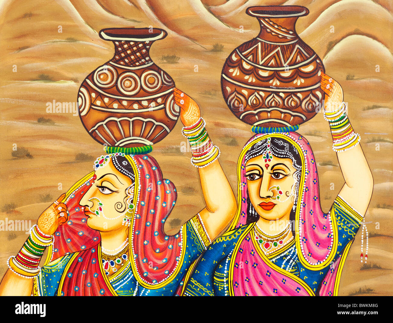 Traditional Indian painting of an Indian woman Gopi carrying a pot ...