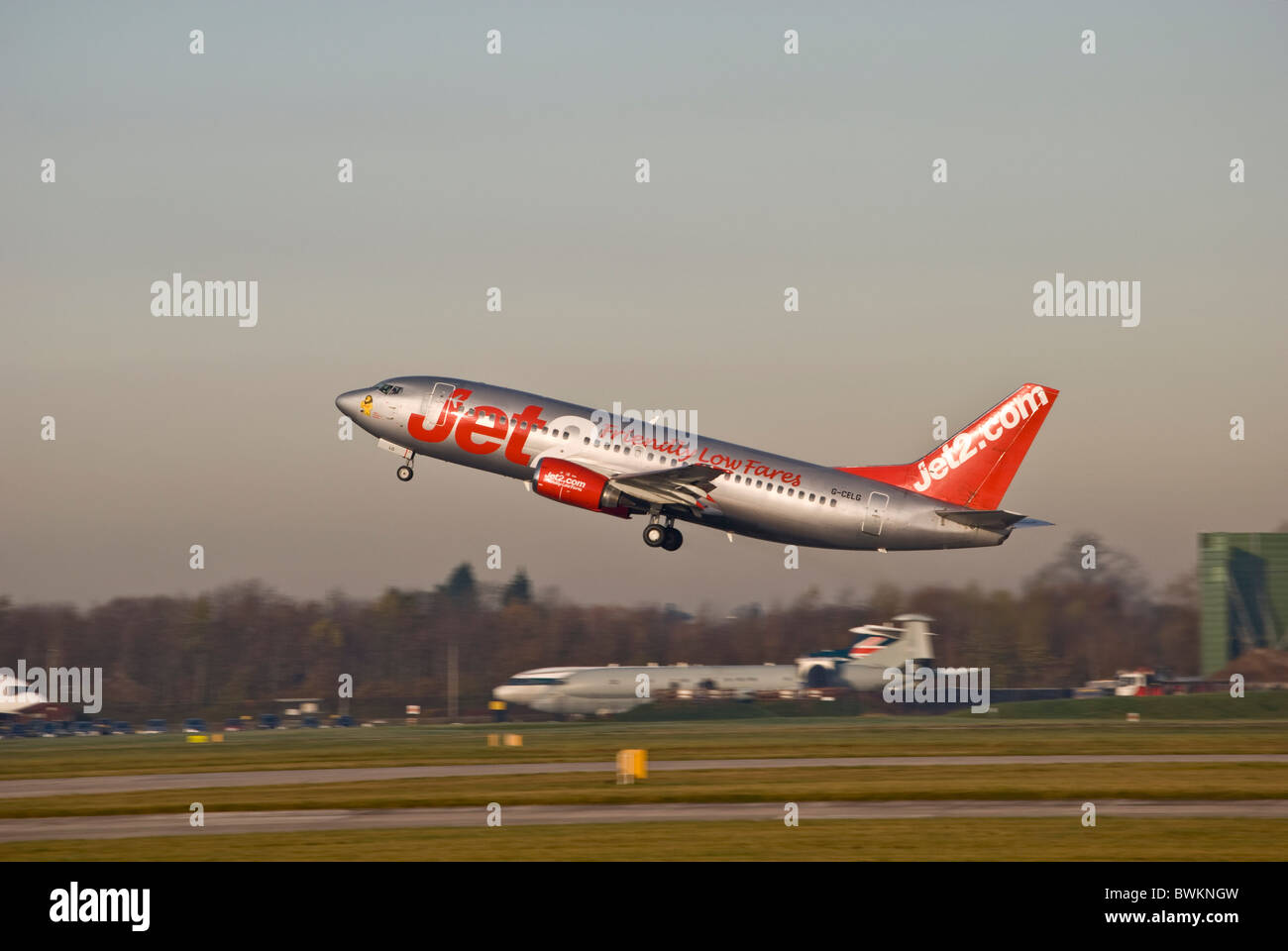 jet2.com boeing 737 airplane taking off from manchester ringway airport runway Stock Photo