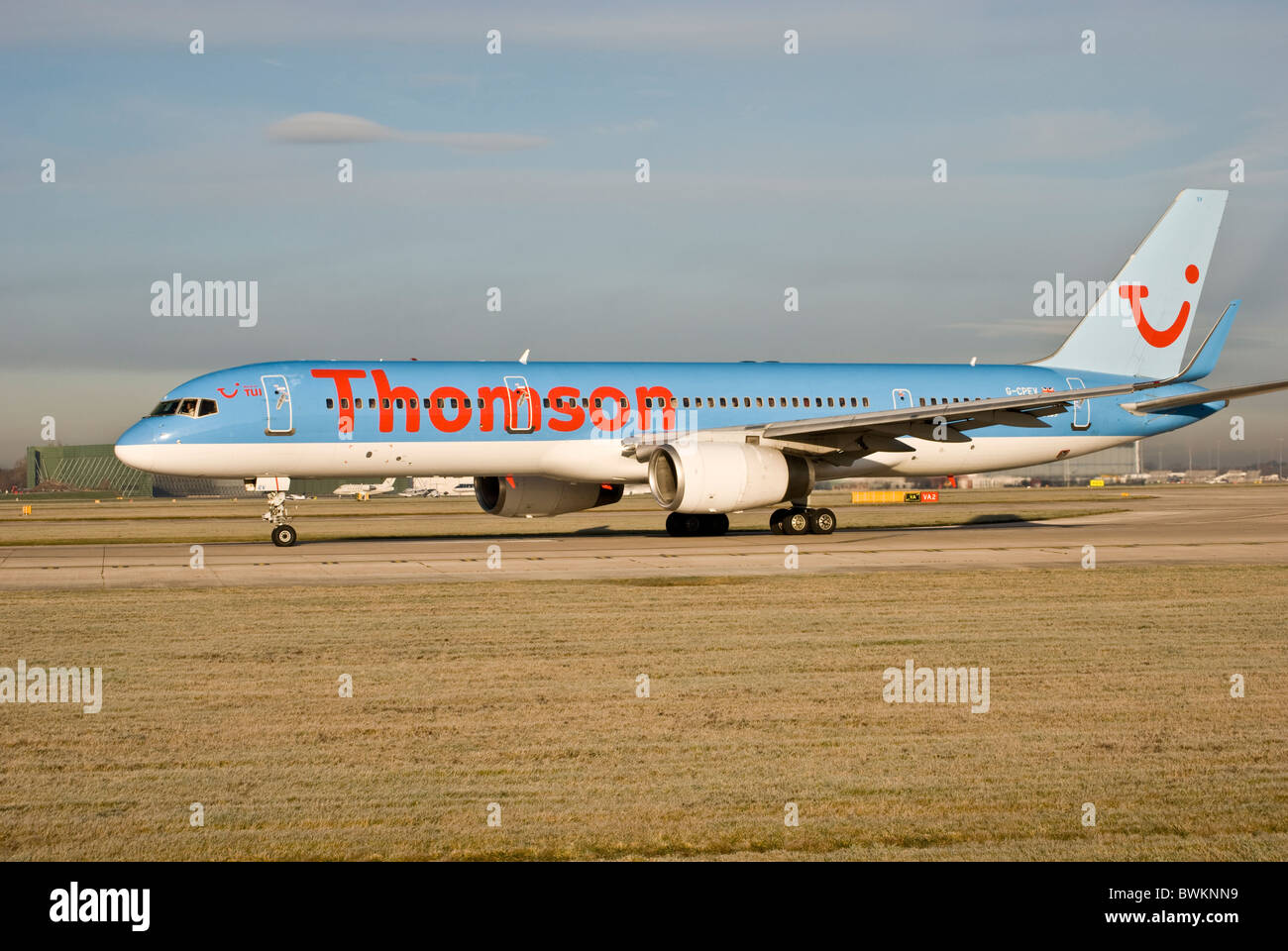 thomson boeing 757 airplane ready for take off at Manchester ringway airport runway Stock Photo
